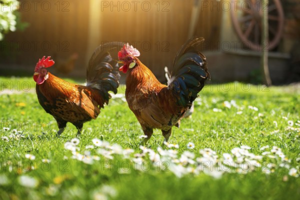 A cock grazing on green backyard grass