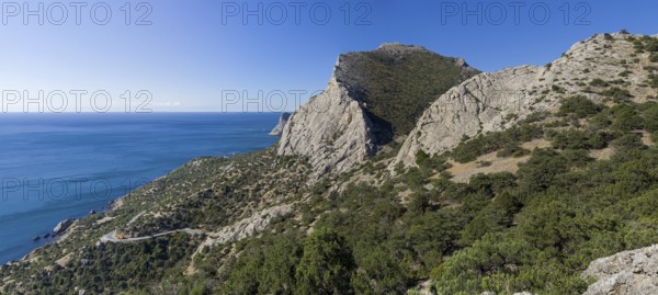 Mountains on the Black Sea coast of Crimea. The coast between Sudak and Novyy Svet. Sunny day at the end of September