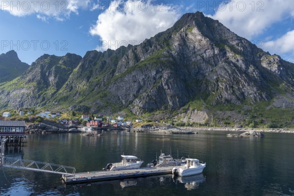 Historic fishing village in front of the mountain landscape of Lofotodden National Park, A i Lofoten, Moskenesoy, Lofoten, Norway, Europe