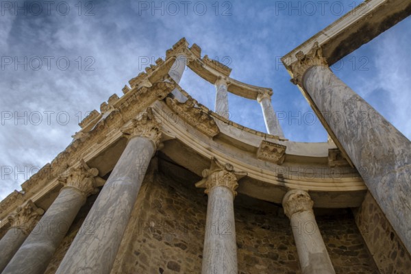Detail view of the Roman Theatre columns in Merida, Spain, Europe