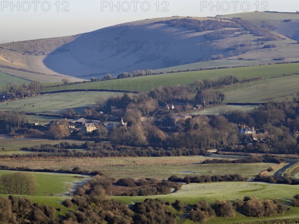 Village of Litlington in East Sussex, from High and Over across to Windover Hill