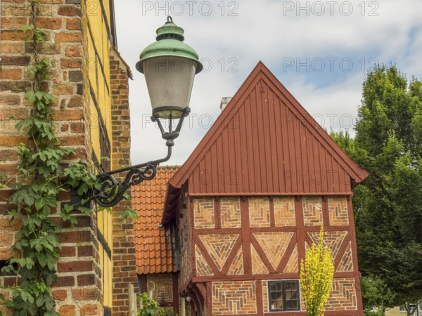 Historic lantern in front of a half-timbered house and green plants on a sunny day, ystad, sweden, baltic sea, scandinavia