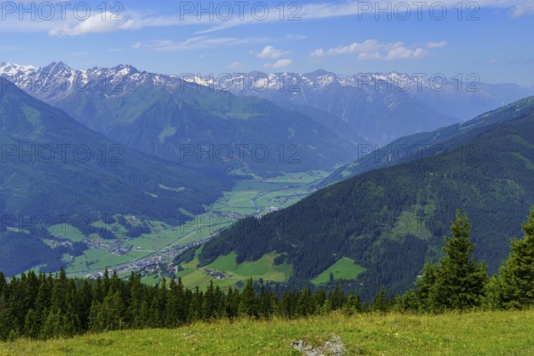 View of wide valley and snow-covered mountains, an idyllic summer day, Mittersell, Hohe Tauern, Alps, Austria, Europe