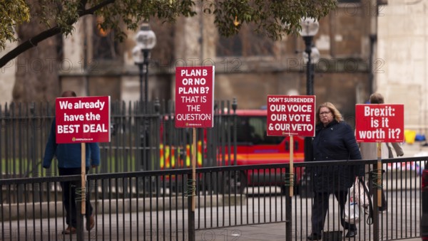 Protesters holding signs and banners in the street, focusing on Brexit issues in the Greater London borough of Westminster, London, United Kingdom, Europe