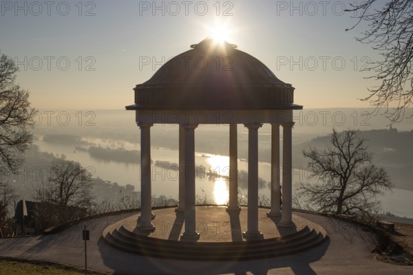 Beautiful temple in a landscape shot. Sunrise on a winter morning. Beautiful view along the Rhine at the Niederwaldtempel, Niederwalddenkmal, Hesse, Germany, Europe