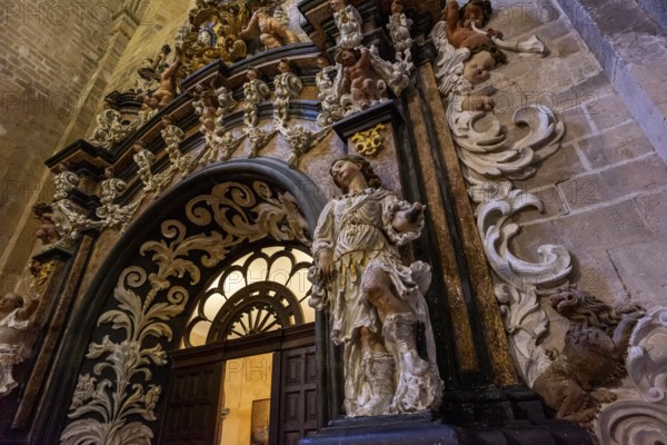Baroque sacristy door, 17th century, abbey church, Royal monastery of Santa María de Veruela, 12th century Cistercian abbey, Vera de Moncayo, Zaragoza province, Spain, Europe