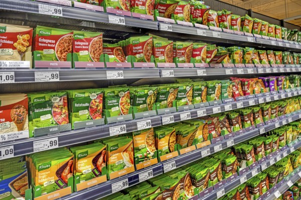 Shelf with ingredients in bags for various dishes in a wholesale store, Kempten, Allgäu, Bavaria, Germany, Europe