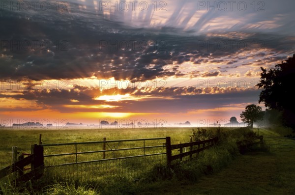 Colorful sunrise over rural pasture in Groningen