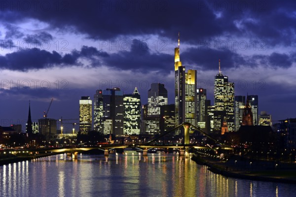 Evening mood, skyline of the banking district, Frankfurt am Main, Hesse, Germany, Europe