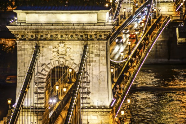 Szechenyi Chain Bridge night view (Budapest, Hungary). Shooting Location: Hungary, Budapest