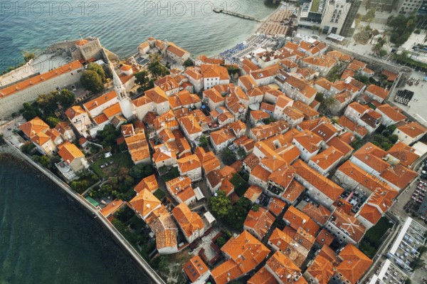 The roofs of the old town of Budva - an aerial photo from a drone.