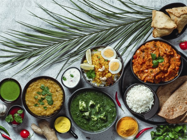 Indian cuisine dishes: tikka masala, dal, paneer, samosa, chapati, chutney, spices. Indian food on gray background. Assortment indian meal top view or flat lay. Copy space for text