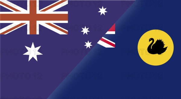 Flag of Australia and the Australian state of Western Australia. Two flags together. Illustration of the Australian flags. Double flag. National symbol of Australia and Western Australia. Official symbol of Australia