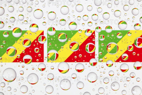 Flags of Congo behind a glass covered with raindrops. 3D illustration