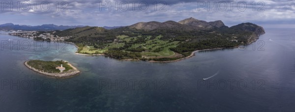 Beach and island of Alcanada, Club de Golf Alcanada, Alcudia, Majorca, Balearic Islands, Spain, Europe