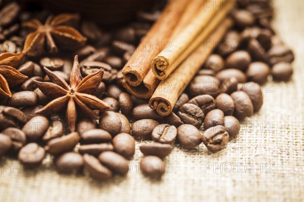 Spilled coffee beans with cinnamon and anise