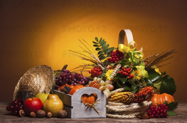 Happy Thanksgiving still life. Fruits, nuts and vegetables, fall crop on the table