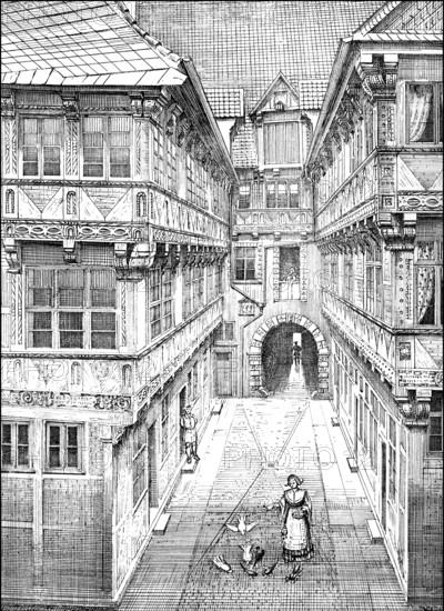 Historical architectural illustration from the 19th Century, 1881, German Renaissance style, 16th century, inner yard of house Poststrasse street, Nr.5, destroyed in World War II, Braunschweig, Lower Saxony, Germany, Europe, Deutsche Renaissance, Architektur-Zeichnung von 1881, Hinterhof Haus Poststraße Nr.5, zerstört im Zweiten Weltkrieg, Braunschweig, Niedersachsen, Deutschland, Europa, Europe
