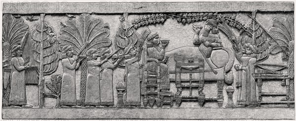 Ashurbanipal, Neo-Assyrian king, and his queen Libbali-sharrat dining, relief, c. 653 BCE