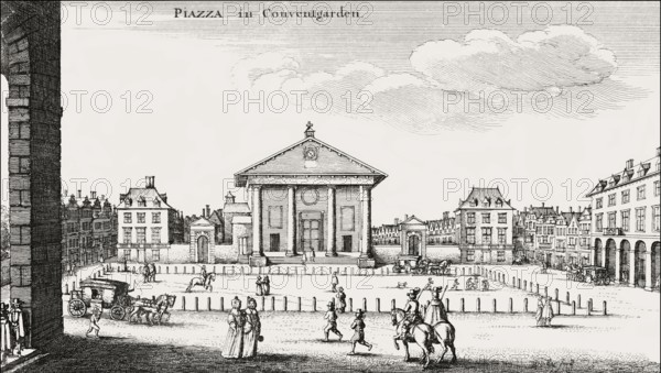 Square before the market hall, Covent Garden, London, after Hollar, 1647