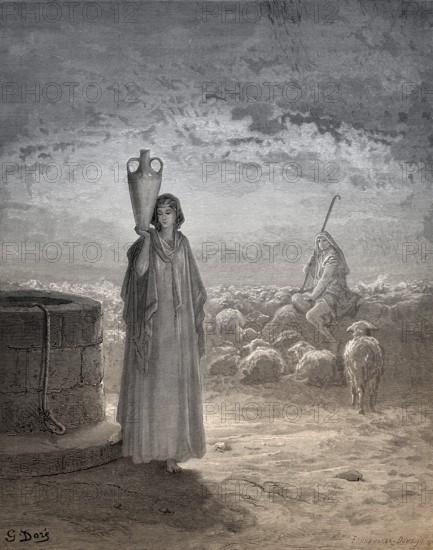 Jacob keeping Laban's flock and meets Rachel, woodcut by Gustave Doré