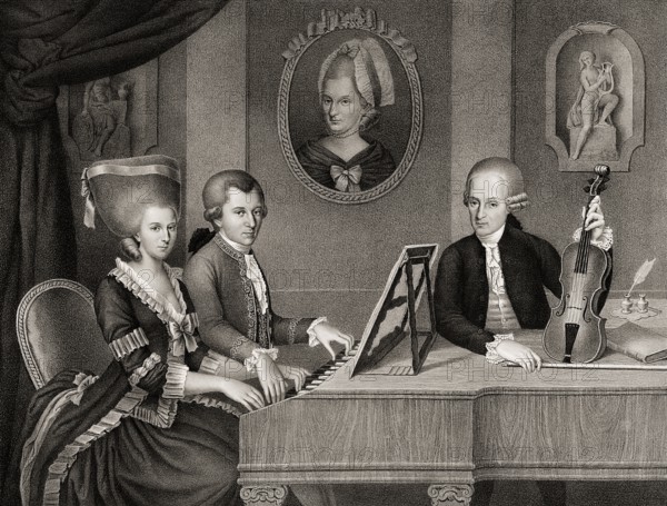 Wolfgang Amadeus Mozart with his sister Maria Anna Nannerl and father Leopold, on the wall a portrait of his dead mother Anna Maria, c. 1780, digitally edited after a painting by Croce