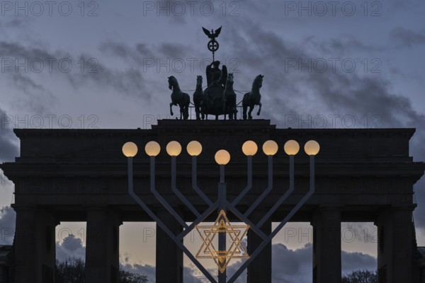 Germany, Berlin, 02.01.2025, Hanukkah candlestick Pariser Platz, in front of the Brandenburg Tor, Quadriga, Europe