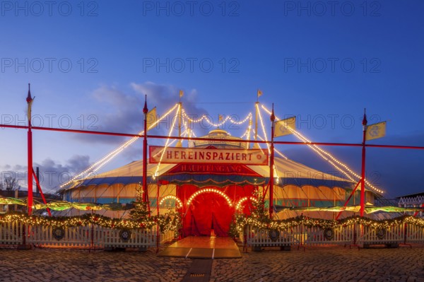 Circus Roncalli with Christmas lights at dusk on the Bürgerweide, Bremen, Germany, Europe