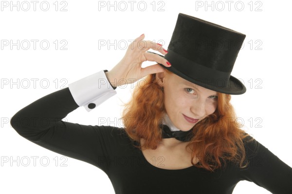 Woman as dandy with black hat isolated over white background
