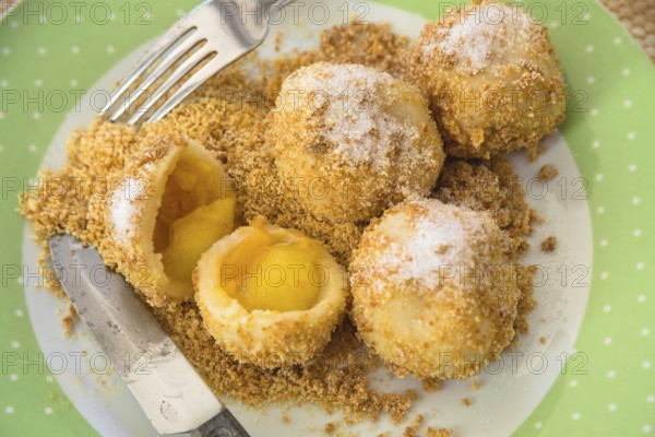 Real apricot dumplings with breadcrumbs and sugar on a plate - fruit dumplings