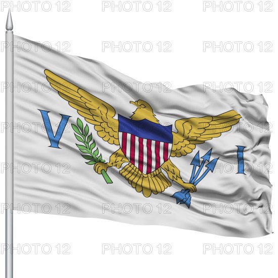 Isolated United States Virgin Islands Flag on Flagpole, USA state, Flying in the Wind, Isolated on White Background