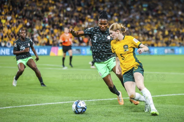 BRISBANE, AUSTRALIA, JULY 27: Cortnee Vine of Australia and Osinachi OHALE of Nigeria compete as Australia plays Nigeria at the FIFA Women's World Cup Australia & New Zealand 2023 at Brisbane Stadium on July 27, 2023