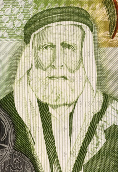 Hussein bin Ali (1854-1931) on 1 Dinar 2011 Banknote from Jordan. Sharif of Mecca, and Emir of Mecca during 1908-1917, when he proclaimed himself King of the Hejaz. He initiated the Arab Revolt in 1916 against the increasingly nationalistic Ottoman Empire during the course of the First World War