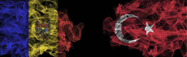 Flags of Moldova and Turkey on Black background, Moldova vs Turkey Smoke Flags