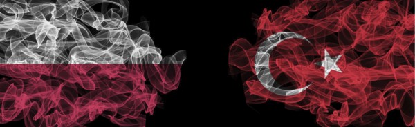 Flags of Poland and Turkey on Black background, Poland vs Turkey Smoke Flags