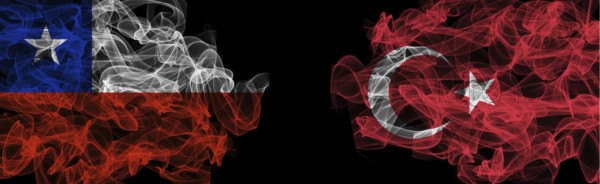 Flags of Chile and Turkey on Black background, Chile vs Turkey Smoke Flags