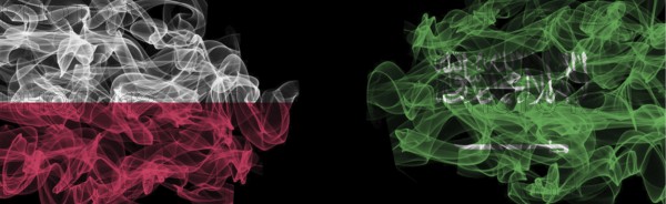 Flags of Poland and Saudi Arabia on Black background, Poland vs Saudi Arabia Smoke Flags