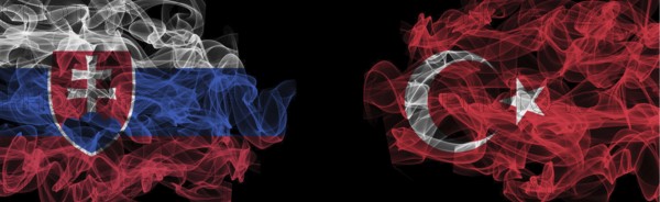 Flags of Slovakia and Turkey on Black background, Slovakia vs Turkey Smoke Flags