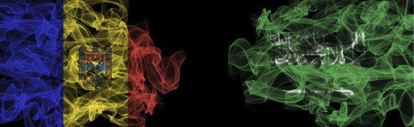 Flags of Moldova and Saudi Arabia on Black background, Moldova vs Saudi Arabia Smoke Flags
