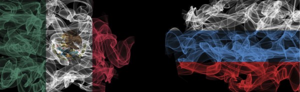Flags of Mexico and Russia on Black background, Mexico vs Russia Smoke Flags