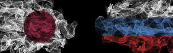 Flags of Japan and Russia on black background, Japan vs Russia smoke flags