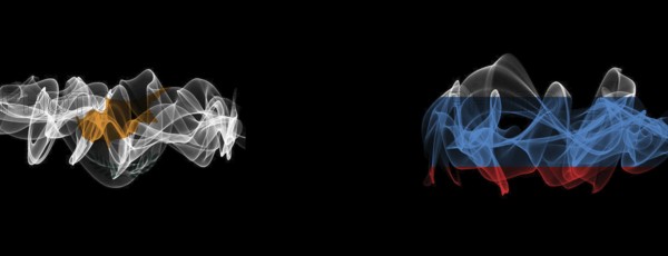 Flags of Cyprus and Russia on Black background, Cyprus vs Russia Smoke Flags