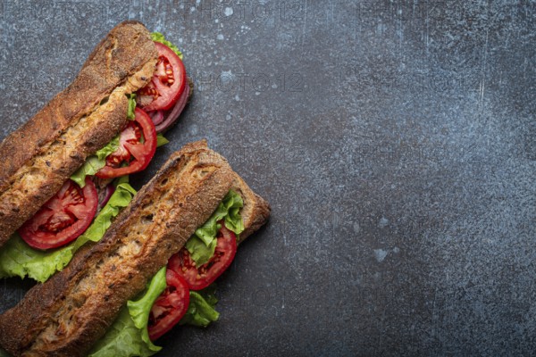 Two dark ciabatta sandwiches with green salad, ripe red tomatoes, onion and tuna on rustic concrete stone background top view. Vegetable vegetarian sandwiches, healthy snack or lunch. Space for text, food photography