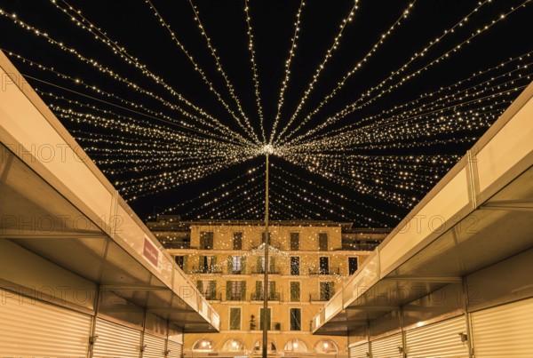 Palma de Mallorca, Spain, 12 29 2017: Christmas market at the major market square at night, Europe