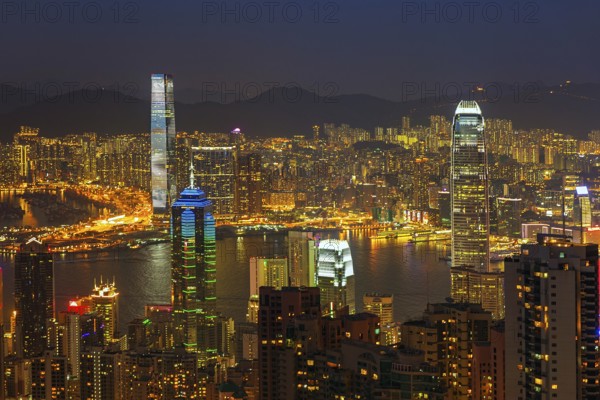 Hong Kong at night. View of Victoria Harbour and Hong Kong Central. Taken from Victoria Peak