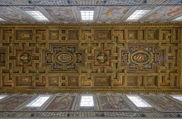 Ornately decorated Renaissance ceiling with gold and intricate frescoes, Basilica of Saint Mary of the Altar in Heaven, Rome, Lazio, Italy, Europe