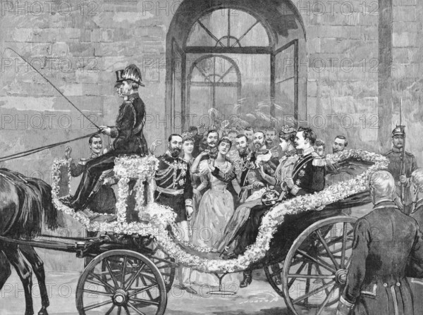 The departure of the bride and bridegroom to the castle of Kranichstein. Engraving published by the Graphic in 1894