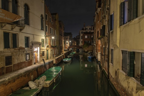 Midnight at a Canal in Cannaregio, nobody on the Street, Venice, Italy, Europe