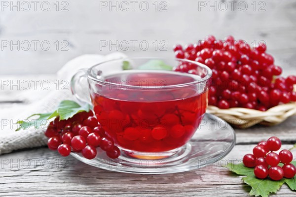 Tea with viburnum in a glass cup, wicker plate with berries, green leaves and a burlap napkin on the background of an old wooden board