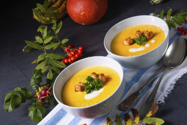 Delicious pumpkin soup with croutons and coconut milk